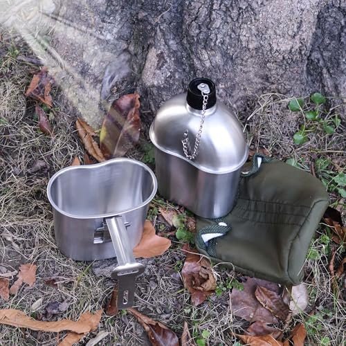 Goetland Stainless Steel WWII US Army Canteen Water Bottle Military Canteen Kit 1QT with 0.5QT Cup Nylon Pouch G.I. : Sports & Outdoors - Image 2